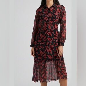 Vittoria Red Black Leaf Print Long Sleeve Midi Dress NWT Small